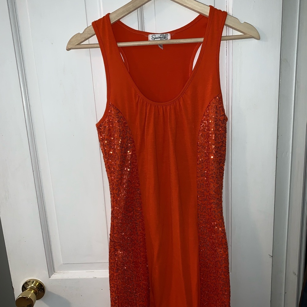 Orange Fitted Dress with Sequin Sides
